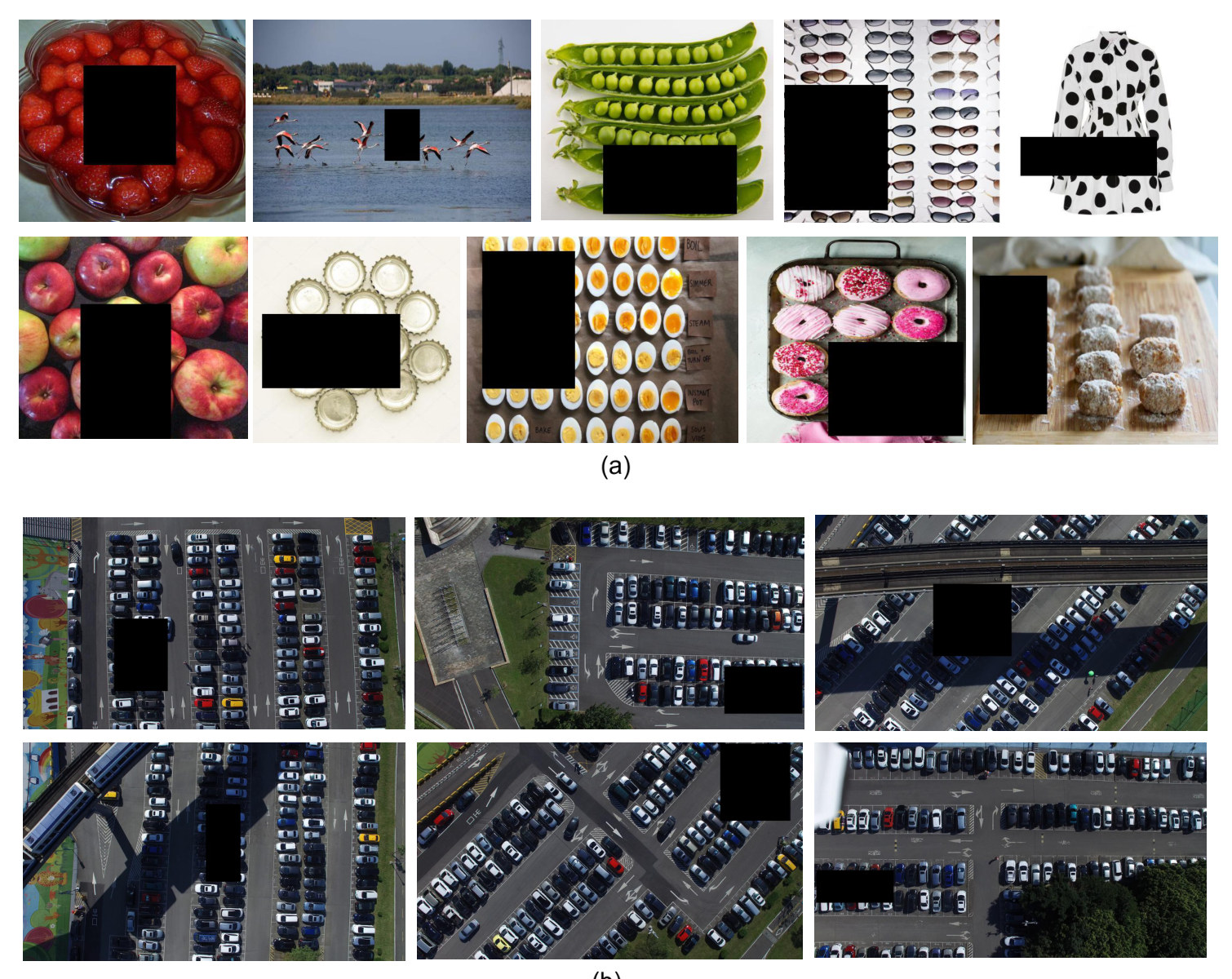 Sample occluded images: fruit, shells, and other objects from FSC-147-OCC, and parking-lot images from CARPK-OCC, each with black rectangles over some objects.